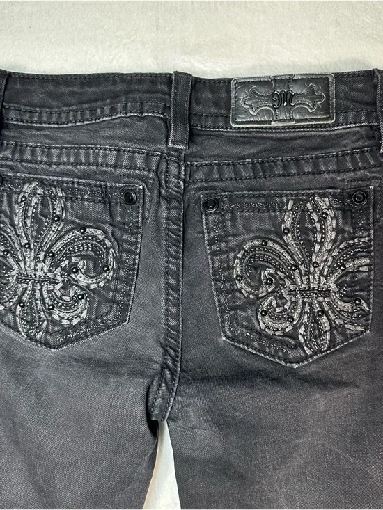 Miss Me Hailey Skinny Jeans 26 Black Fleur De Lis Embellished Y2K McBling Grunge - Picture 7 of 11